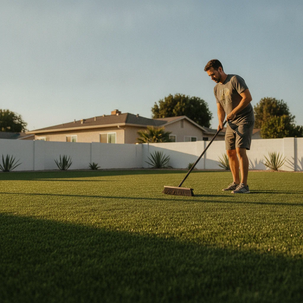 A homeowner brushing green artificial turf upright with a stiff push broom in a sunny San Diego backyard.