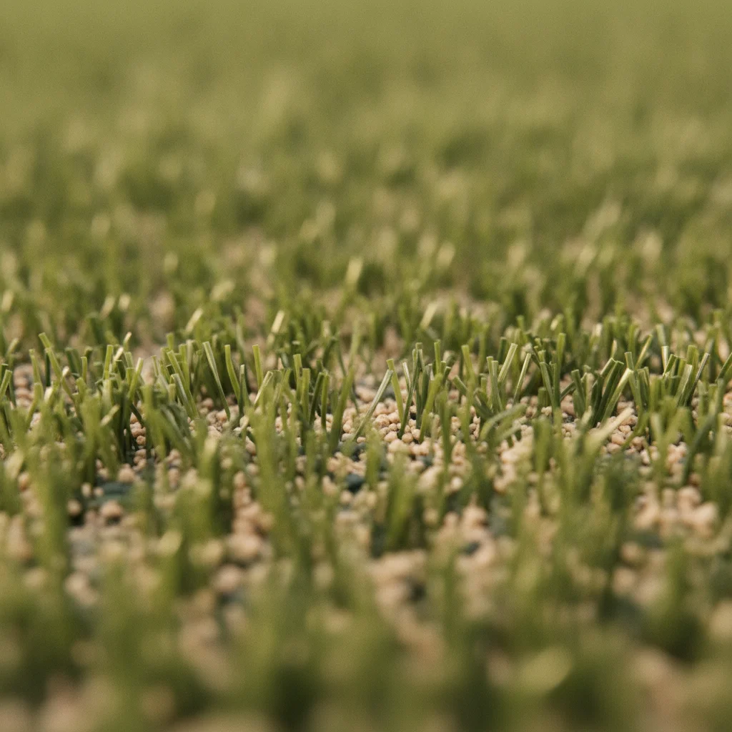 Close-up of artificial turf blades standing upright with visible infill granules between them after grooming.