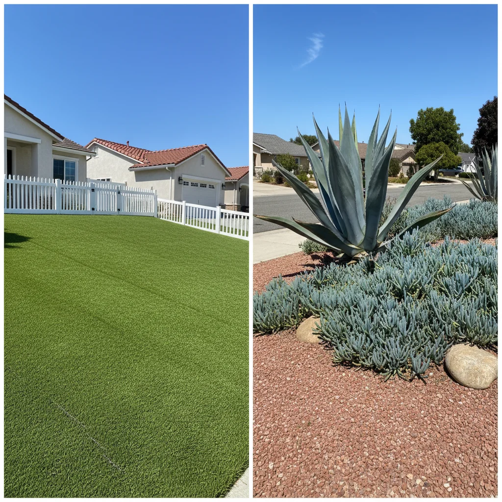 Split-frame side-by-side comparison: left half a green artificial turf lawn in a