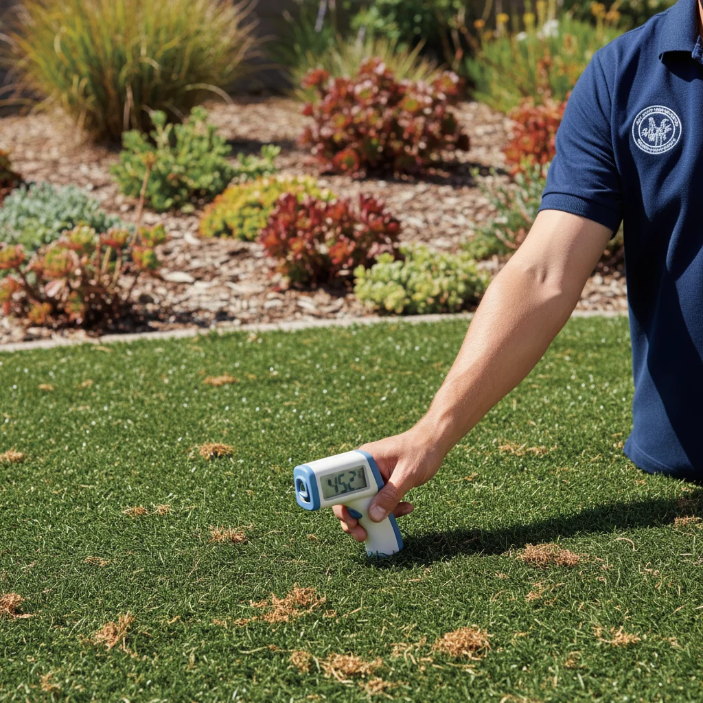 Close-up of a thermometer reading on dark artificial turf showing high surface t