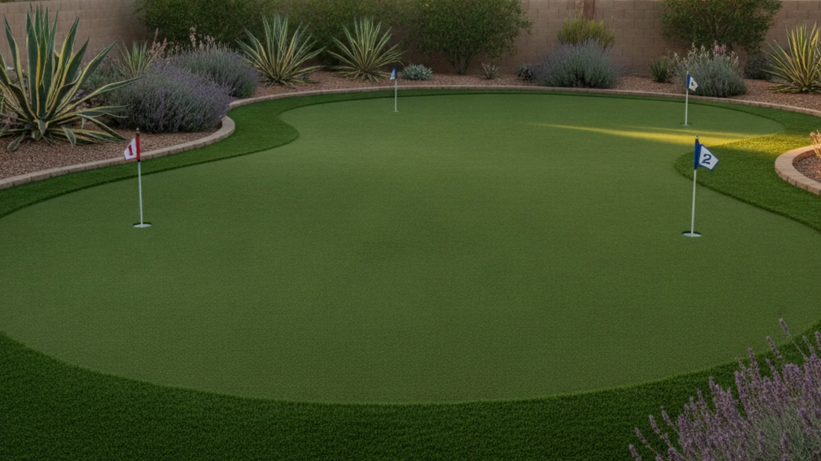 A finished synthetic backyard putting green in a San Diego yard with two cups, a subtle break, and drought-tolerant plantings around the edge, warm afternoon light, no people.