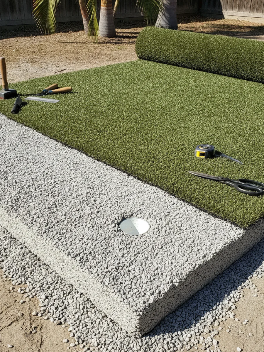 Cross-section of a putting green base under construction, showing compacted crushed rock, a cup set flush, and short nylon putting turf being rolled over the top, editorial construction style.