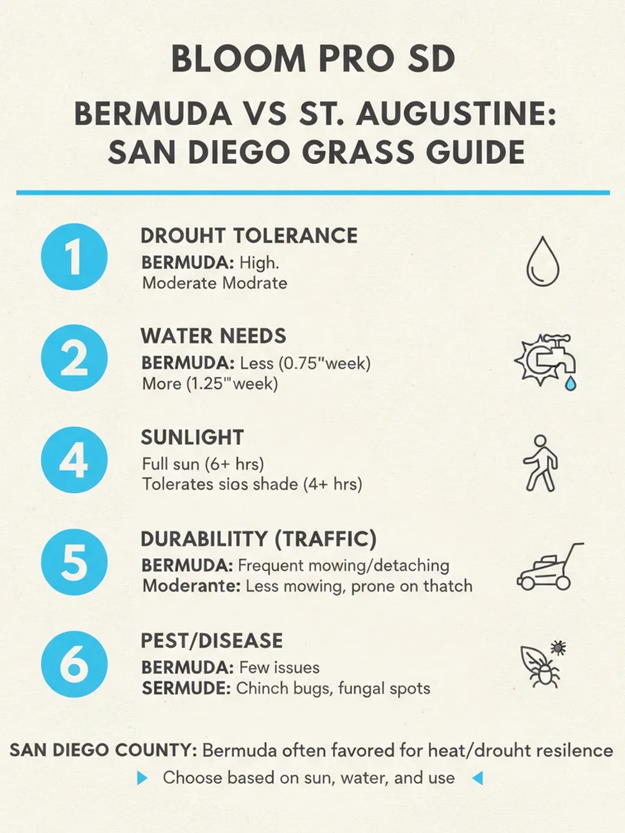 Comparison chart of Bermuda vs St. Augustine grass for San Diego yards covering water use, shade tolerance, mowing frequency, foot traffic, and install cost.