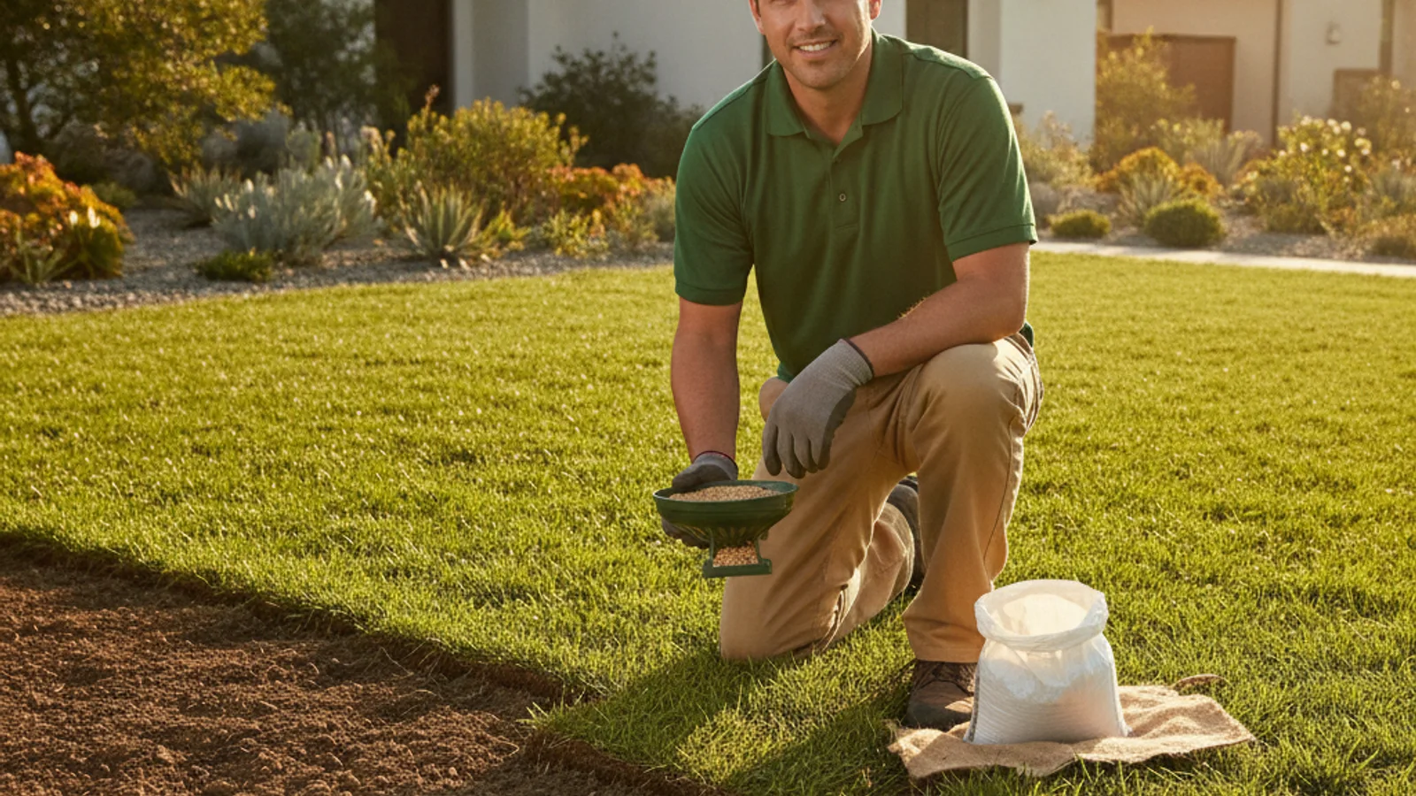 Hands spreading tall fescue grass seed over raked, prepared soil in a San Diego backyard