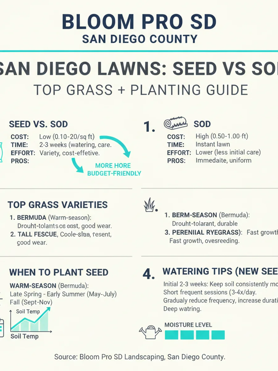 Infographic showing a San Diego grass-seed planting calendar with cool-season fescue in fall and warm-season bermuda in late spring