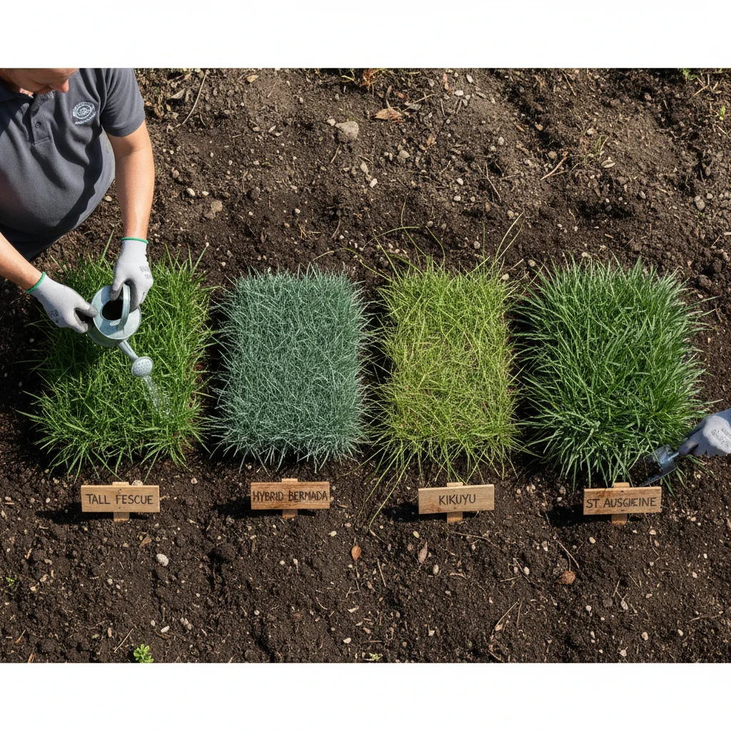 Four labeled grass patches — tall fescue, hybrid bermuda, kikuyu, St. Augustine — arranged side by side on garden soil in bright natural light
