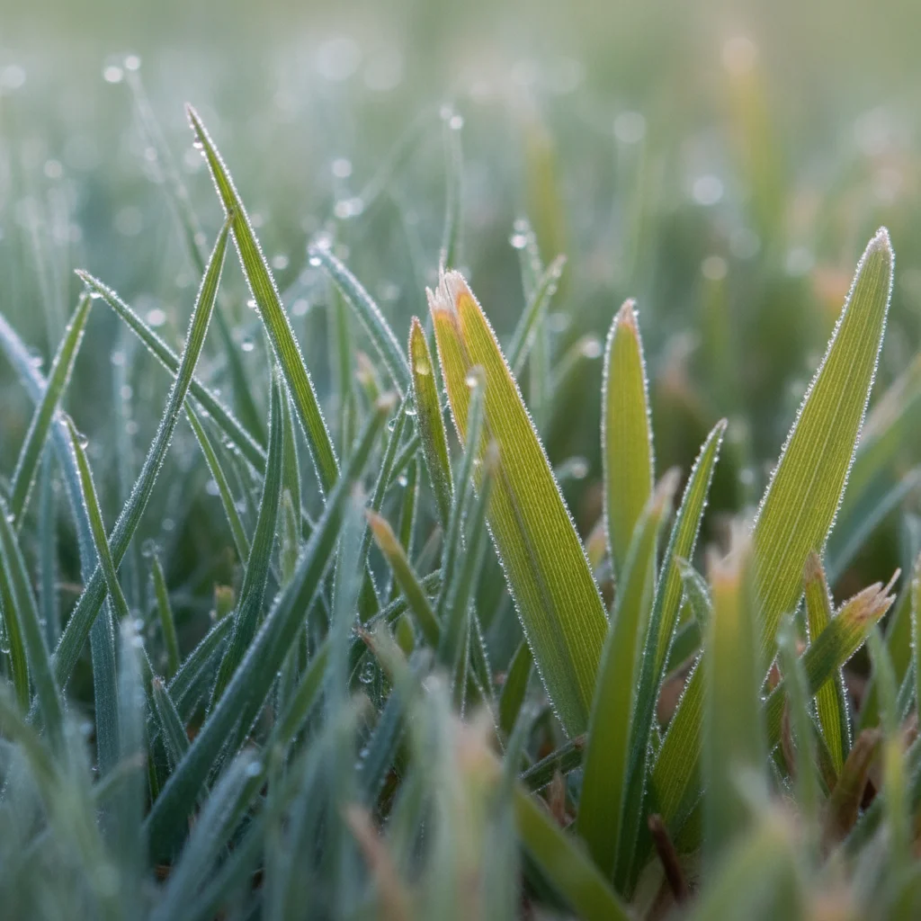 Macro shot of tall fescue and bermuda grass blades side by side showing texture and color contrast