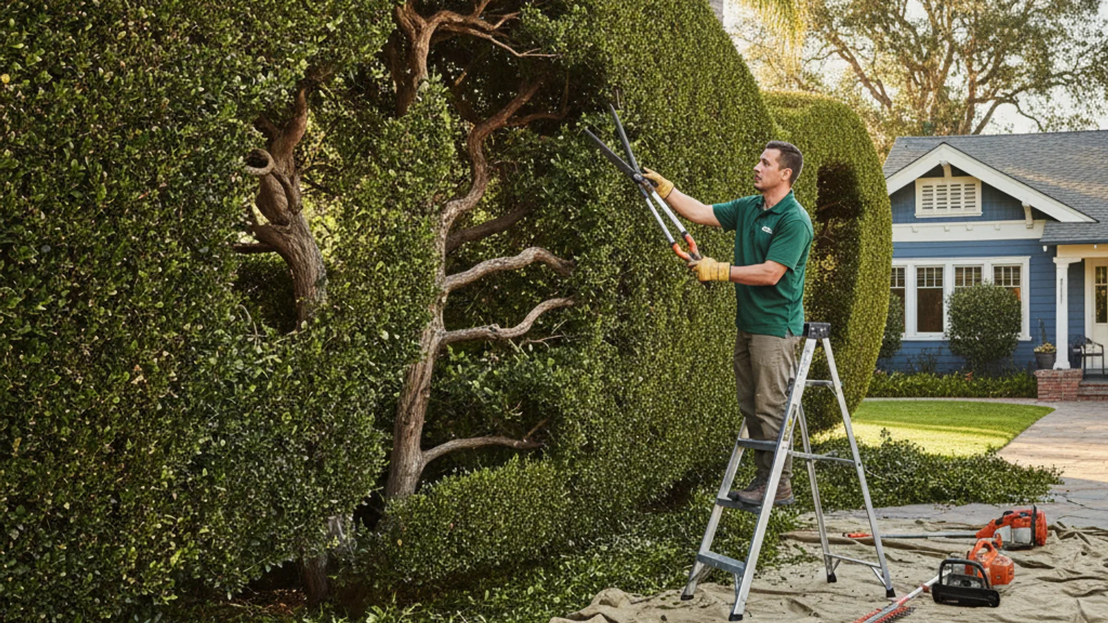 A mature boxwood hedge with a sparse, hollow center beside a well-kept residential walkway