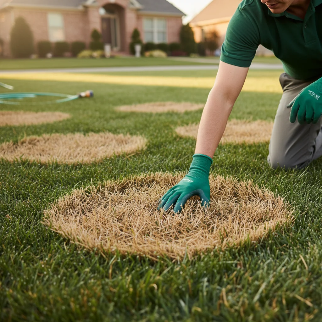 Close-up of a homeowner's hand inspecting a brown patch on a lush San Diego lawn.