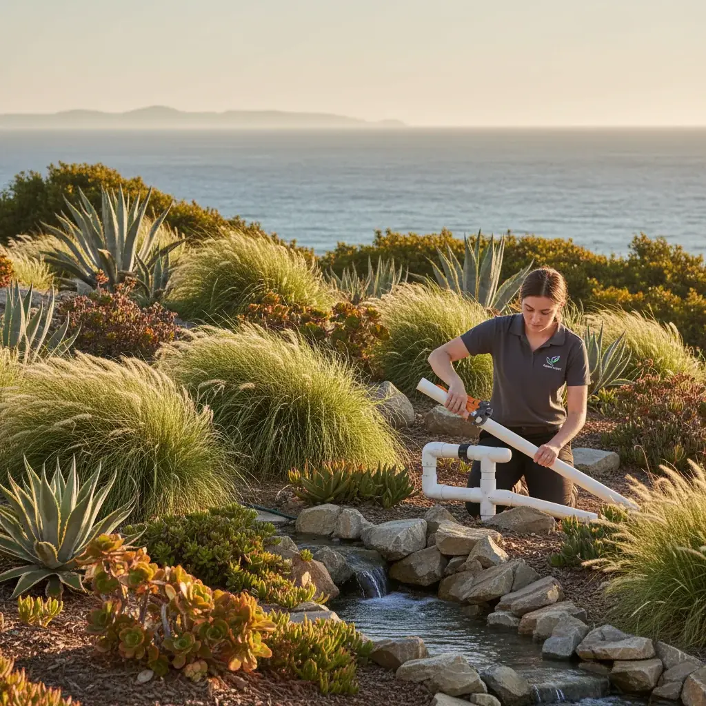 Coastal Carlsbad front yard with drought-tolerant plantings and ocean view in late afternoon light