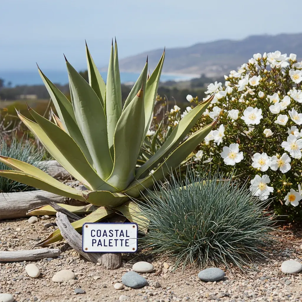 Close-up of salt-tolerant plant grouping, agave attenuata, rockrose blooms, Car