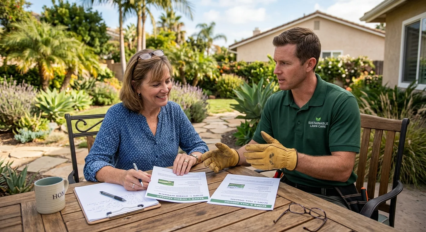A San Diego homeowner comparing written lawn-care scopes with a local contractor