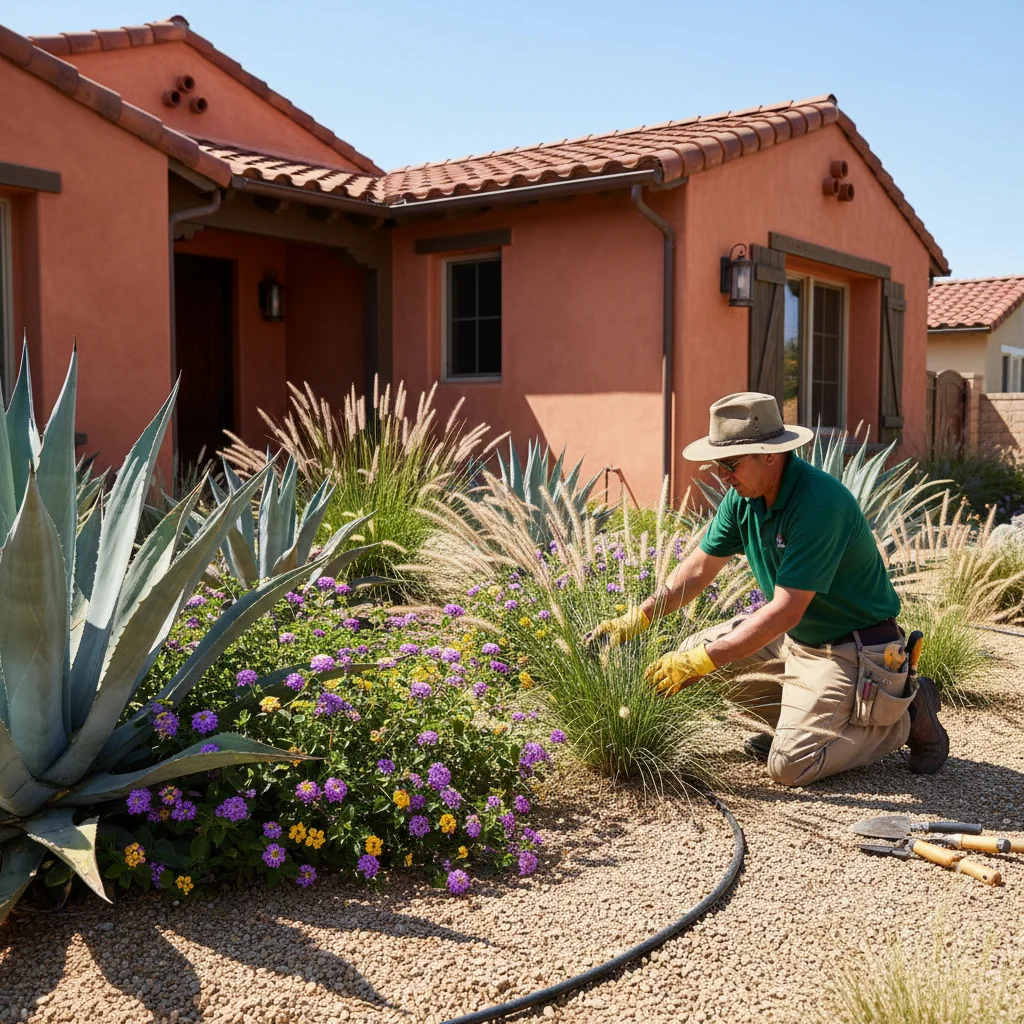 A vibrant Chula Vista front yard featuring agave and ornamental grasses, set against a Spanish-style home under the bright sun.