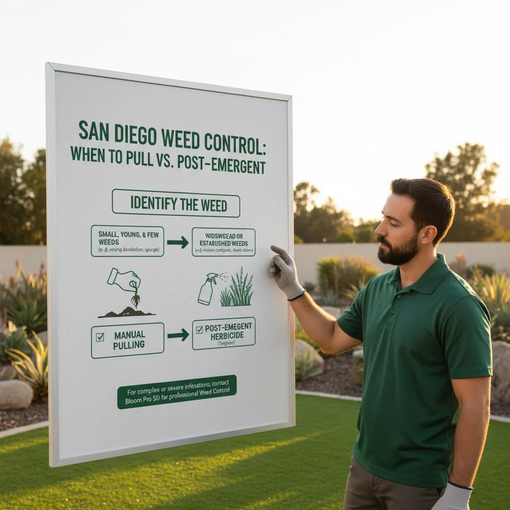 Infographic comparing manual pulling vs. post-emergent herbicide treatment for common San Diego lawn weeds based on weed type and infestation level.