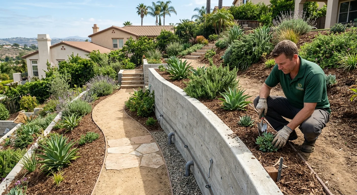 Concrete retaining wall beside planting beds on a sloped San Diego yard