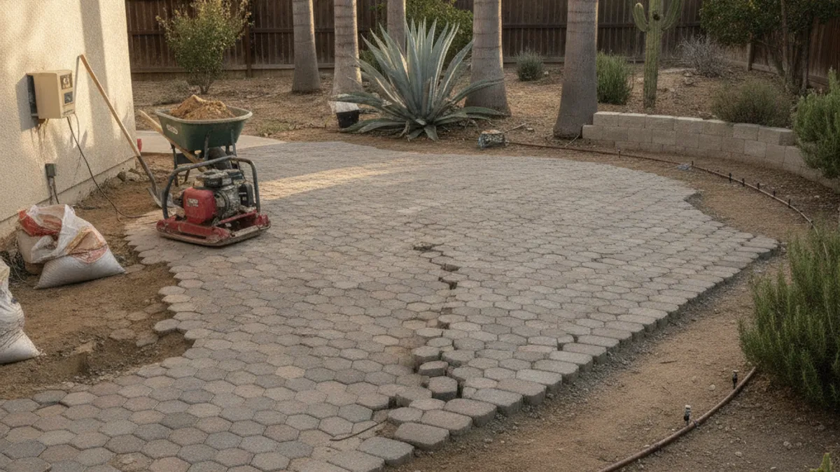 A partially finished DIY paver patio in a San Diego backyard showing uneven paver lines and a sunken corner where the base was not compacted properly.