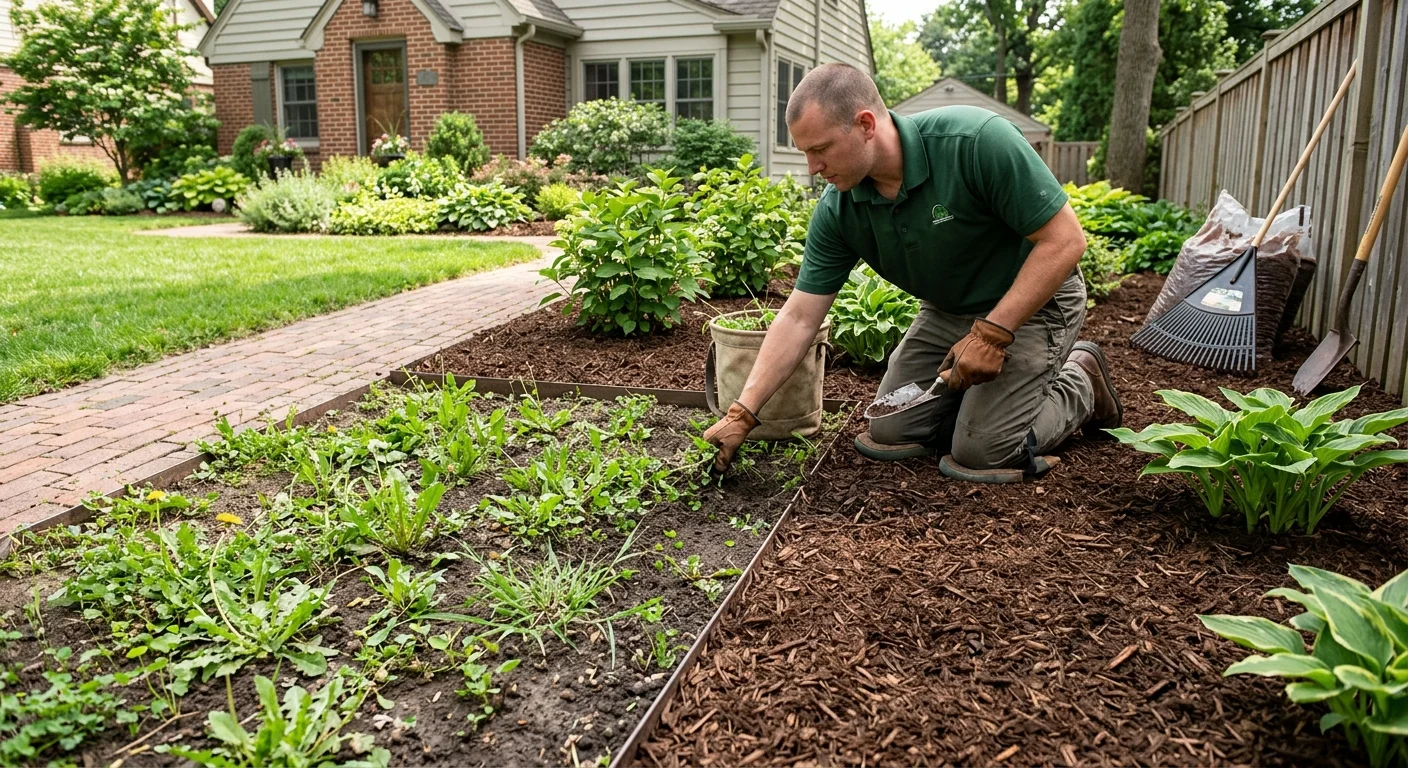Fresh mulch covering a prepared residential planting bed beside exposed soil