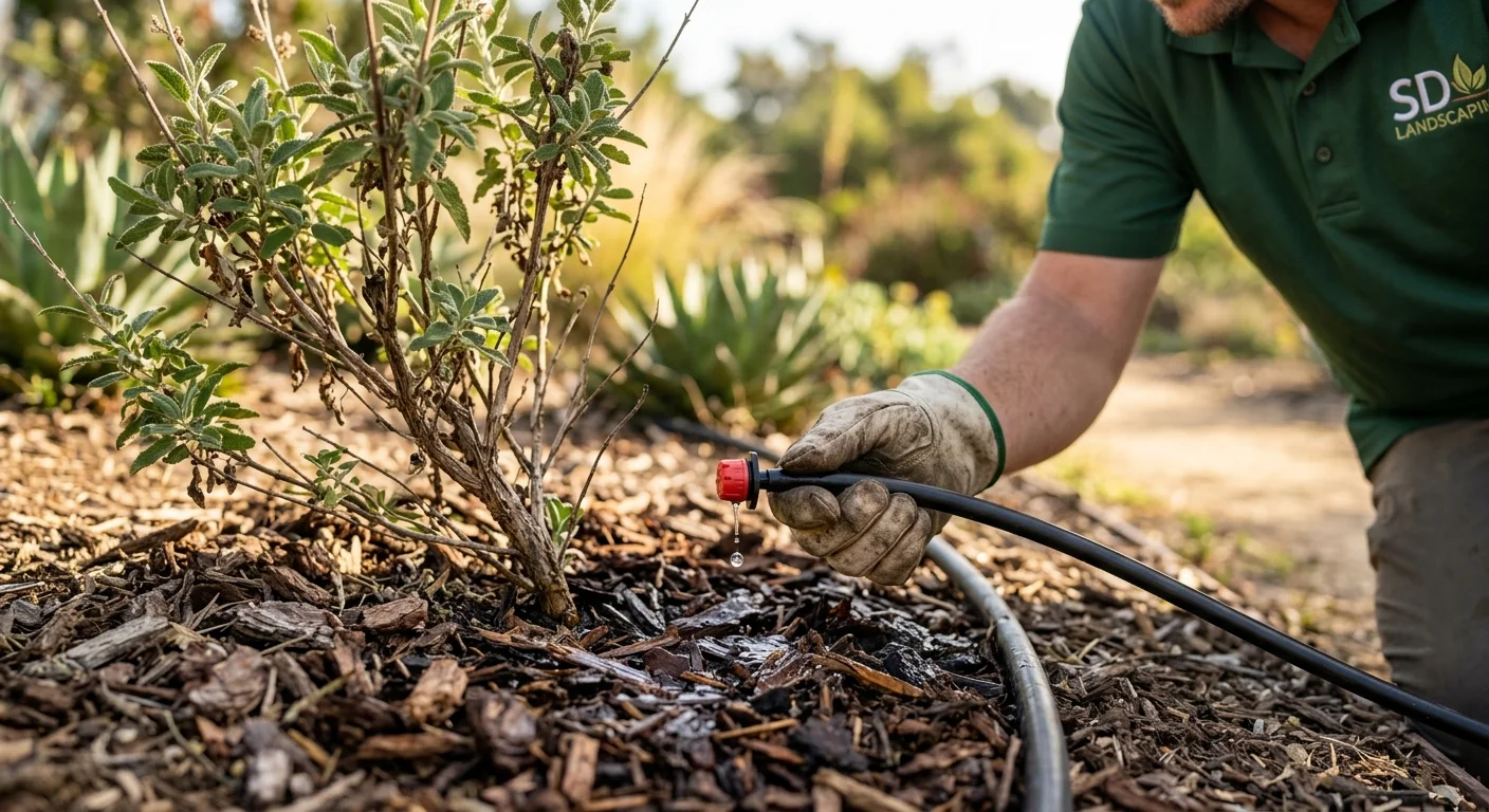Close-up of a drip emitter dripping water onto mulch at the base of a drought-tolerant shrub in a San Diego garden bed, shallow depth of field, morning light.