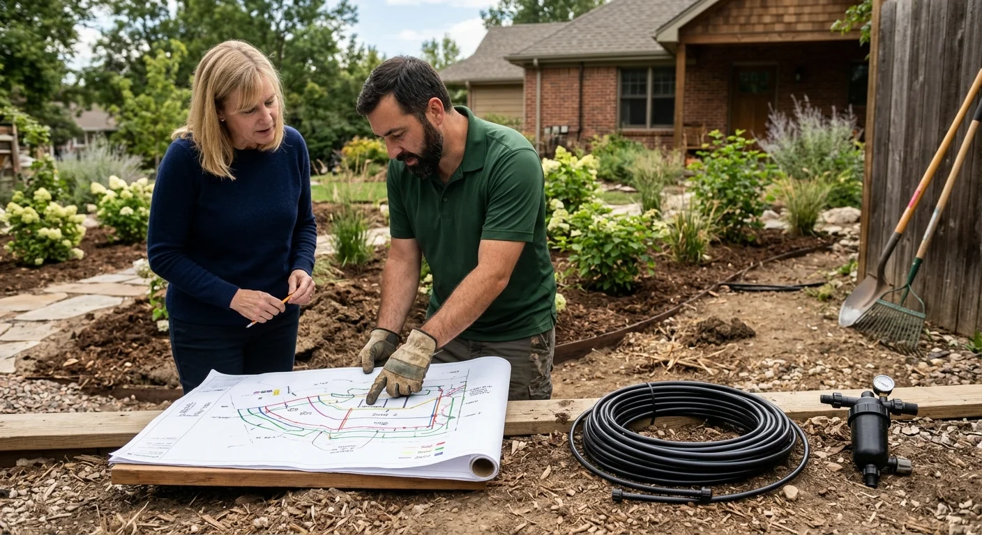 Independent contractor reviewing a marked drip plan beside unconnected tubing
