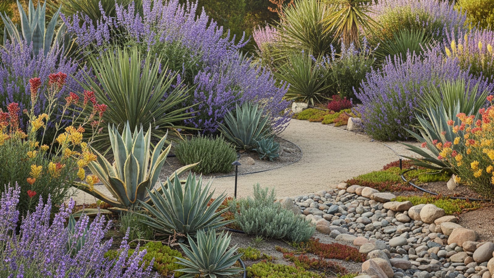 A drought-tolerant San Diego garden featuring agaves, salvias, and decomposed granite pathways in bright afternoon light