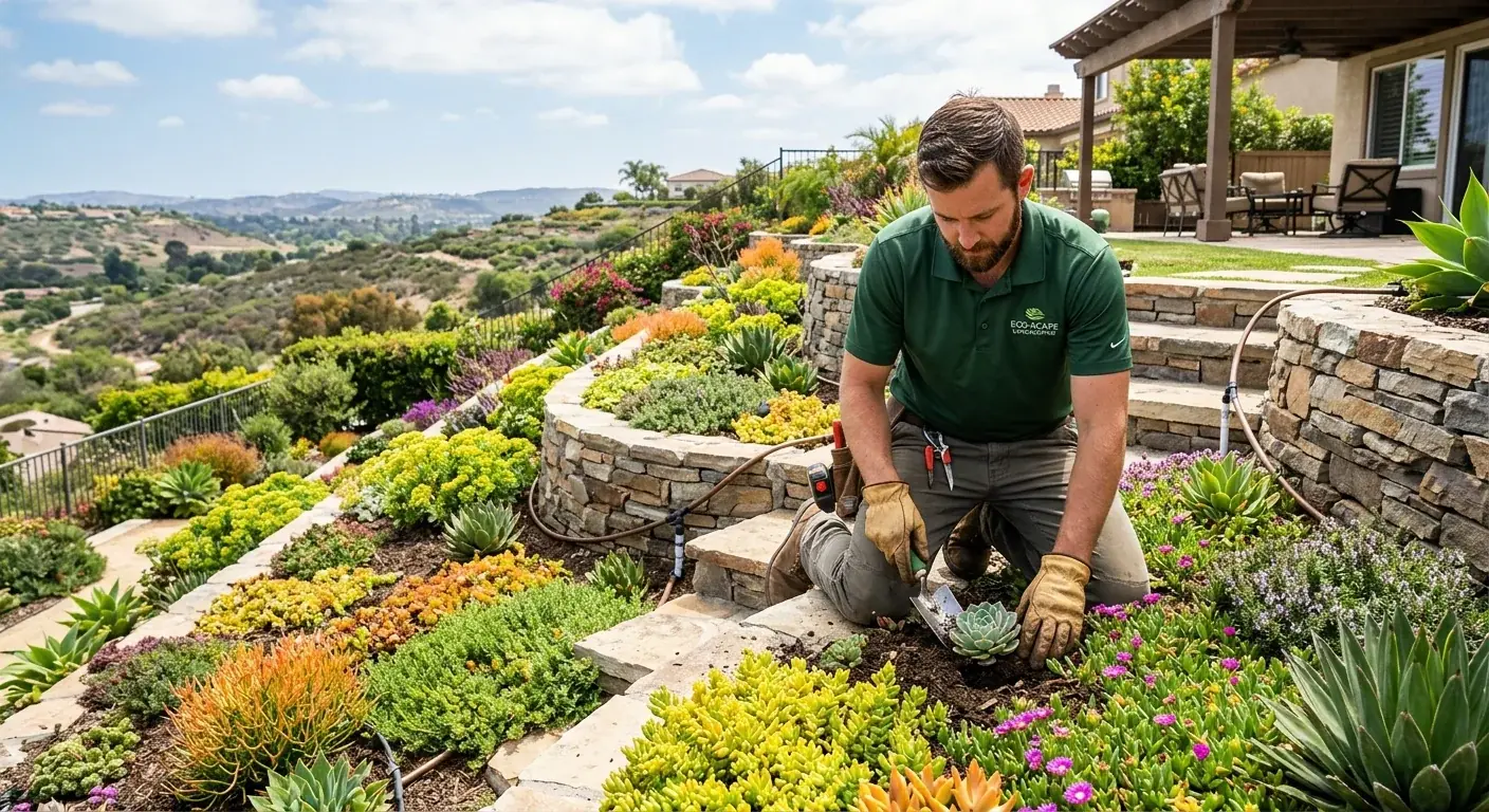 A beautiful terraced hillside in a San Diego backyard covered with a variety of colorful, low-water groundcovers.