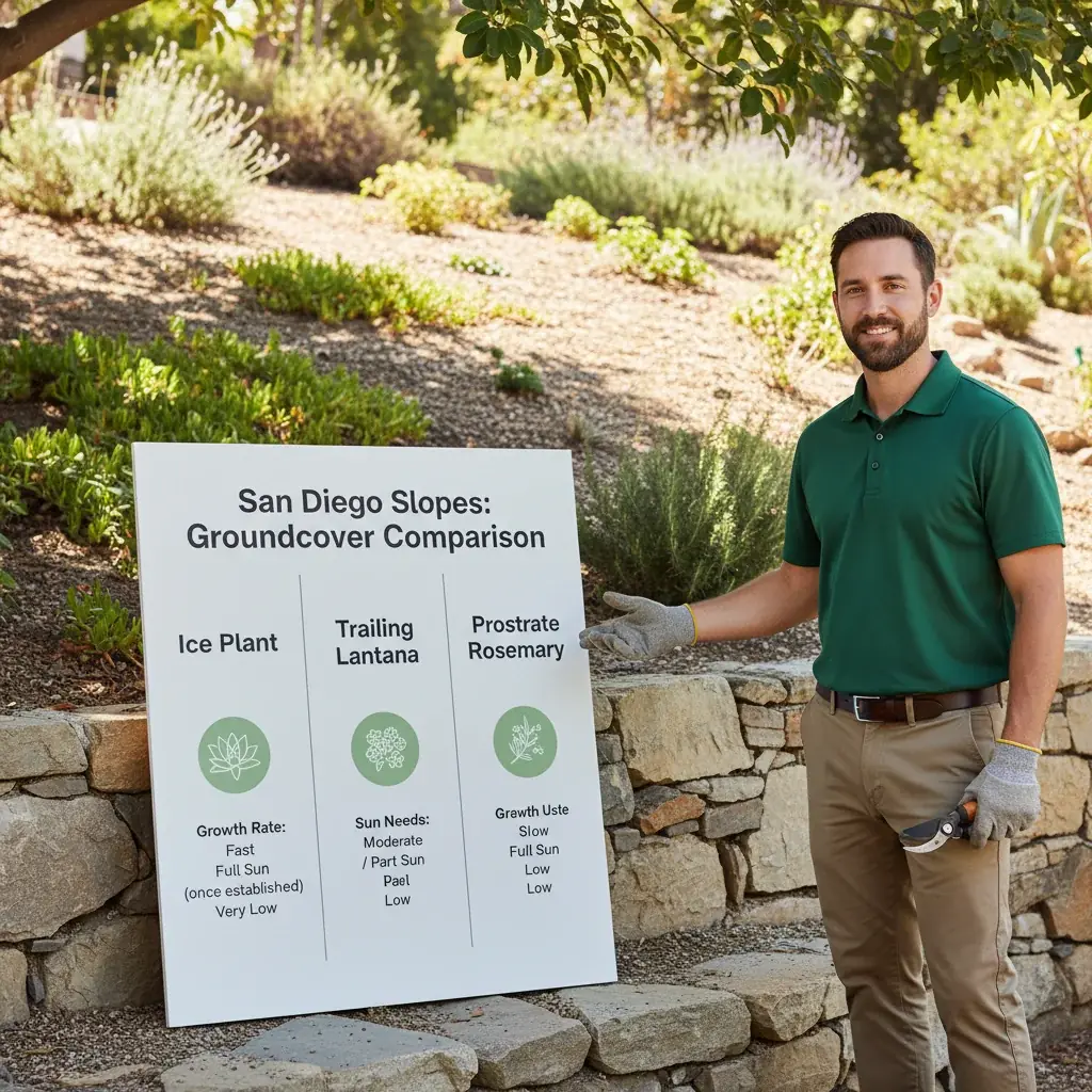 Infographic comparing growth rate, sun needs, and water use for popular San Diego drought-tolerant groundcovers like Ice Plant, Lantana, and Rosemary.