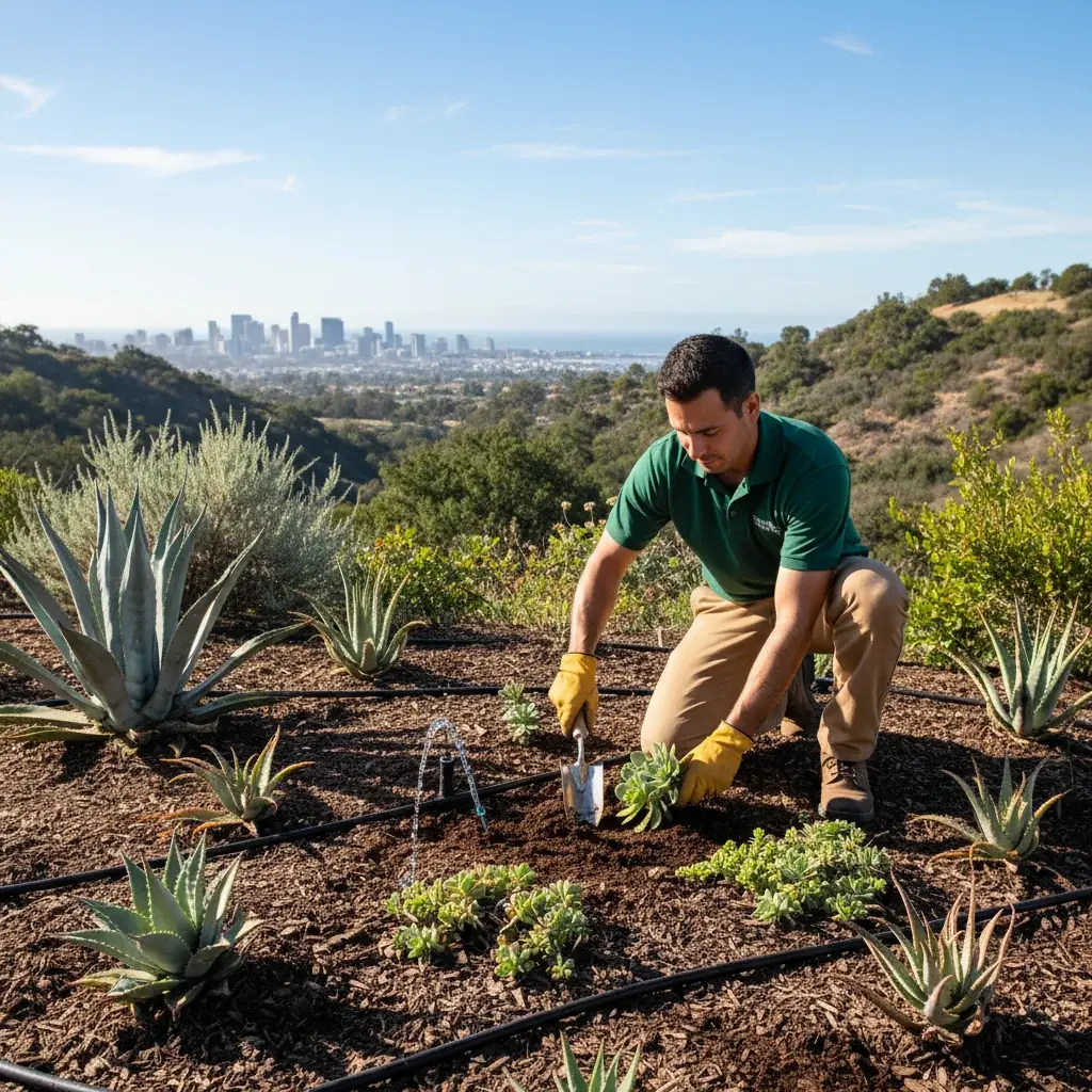 A San Diego garden planted with California native shrubs including ceanothus and California fuchsia in bloom