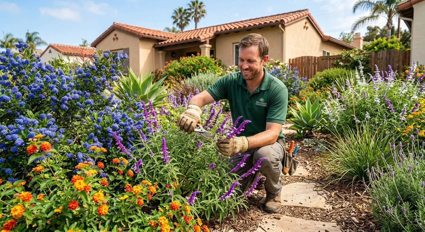A vibrant collection of different drought-tolerant shrubs, like Ceanothus, Lantana, and Salvia, thriving in a sunny San Diego garden.