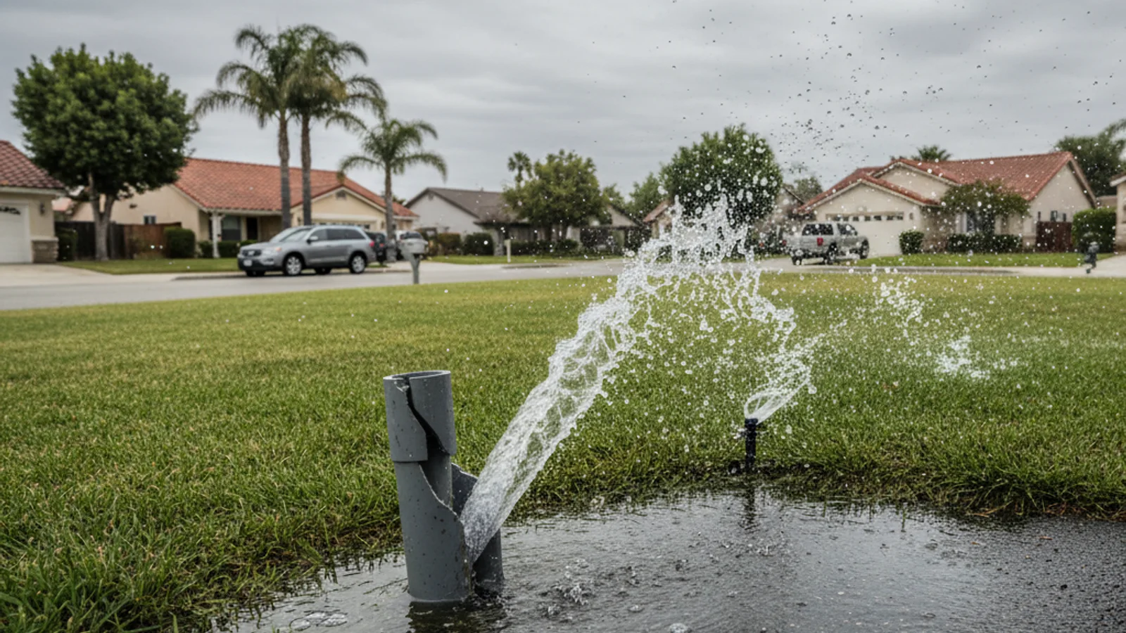 Water gushing from a broken irrigation line and pooling across a San Diego front lawn, sprinkler head visible, suburban street in the background.