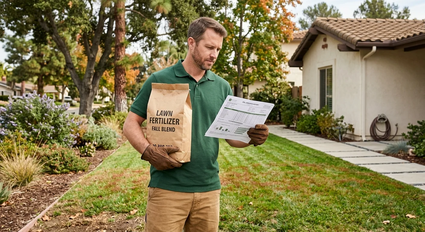 A homeowner comparing lawn fertilizer with a soil report