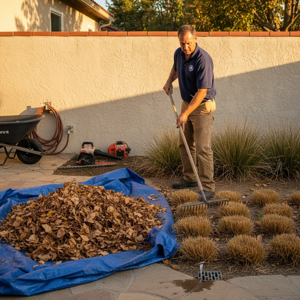 San Diego backyard mid-cleanup with leaves piled on a tarp and freshly cut ornamental grasses near a stucco wall