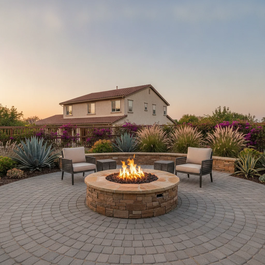 A finished stone gas fire pit with low flames on a paver patio in a San Diego backyard at dusk, surrounded by drought-tolerant plants.