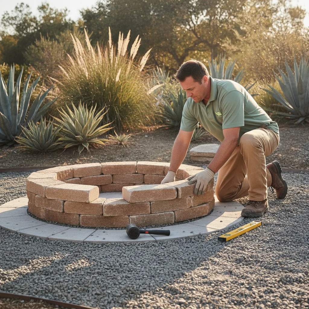A landscaper in a sage-green work polo dry-laying natural stone blocks to build a round backyard fire pit on a gravel and paver base in San Diego.
