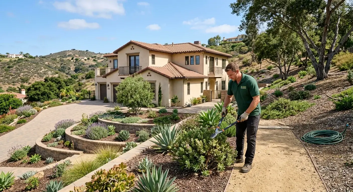 A well-maintained home in a hilly San Diego area, showing clear defensible space