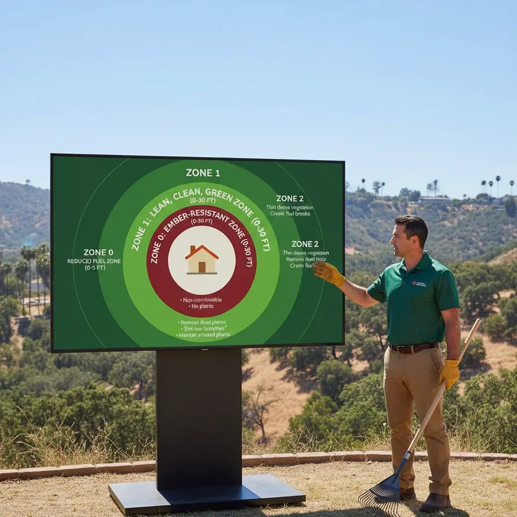 An infographic illustrating the three defensible space zones around a San Diego home, detailing recommended clearing distances and actions for each zone.