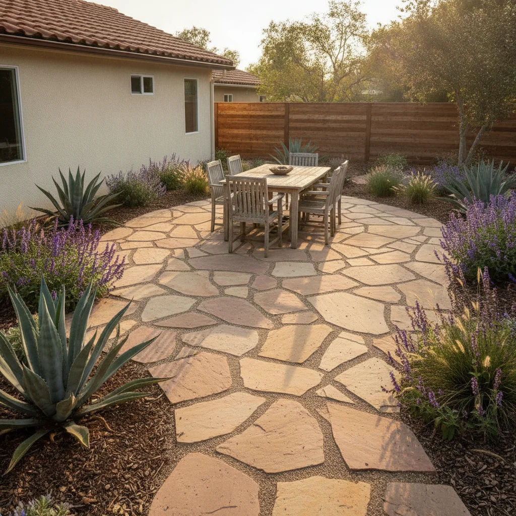 A finished irregular flagstone patio in warm buckskin tones with tight decomposed granite joints, set in a San Diego backyard with drought-tolerant plants along the edge.