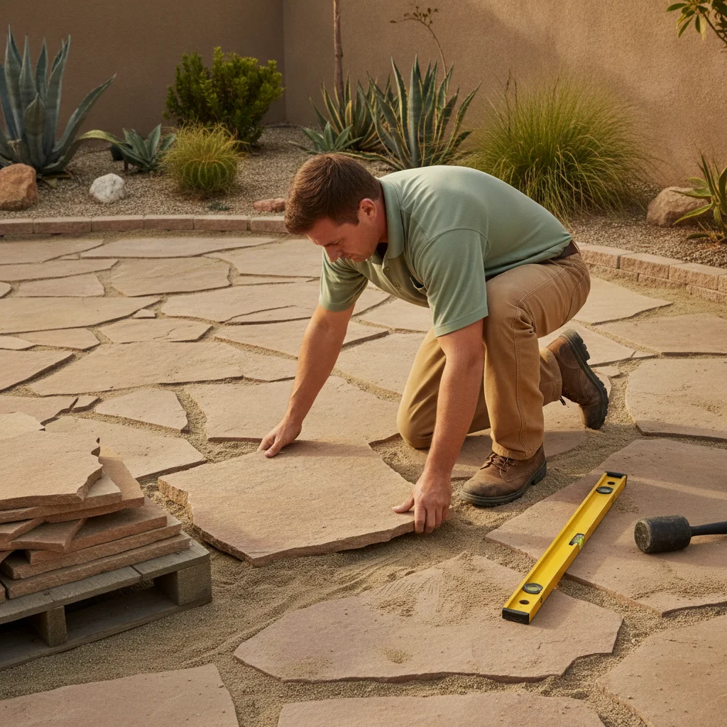 A landscaper in a sage-green work polo fitting an irregular flagstone slab into a sand and gravel base during a patio installation in San Diego.