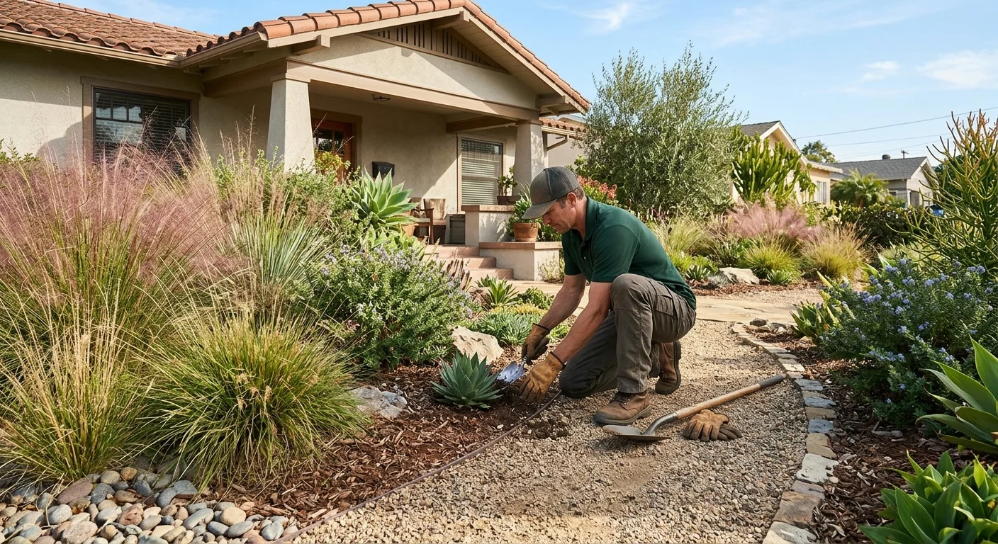 Clumping ornamental grass beside low-water shrubs on a San Diego gravel path