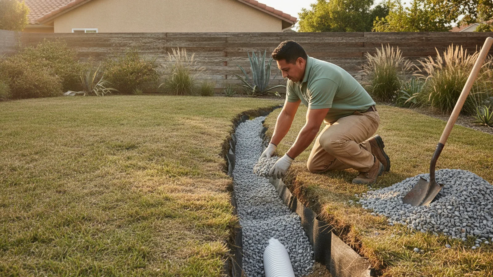A partly dug French drain trench with perforated pipe and gravel in a San Diego backyard, a landscaper in a sage-green work polo kneeling beside it.