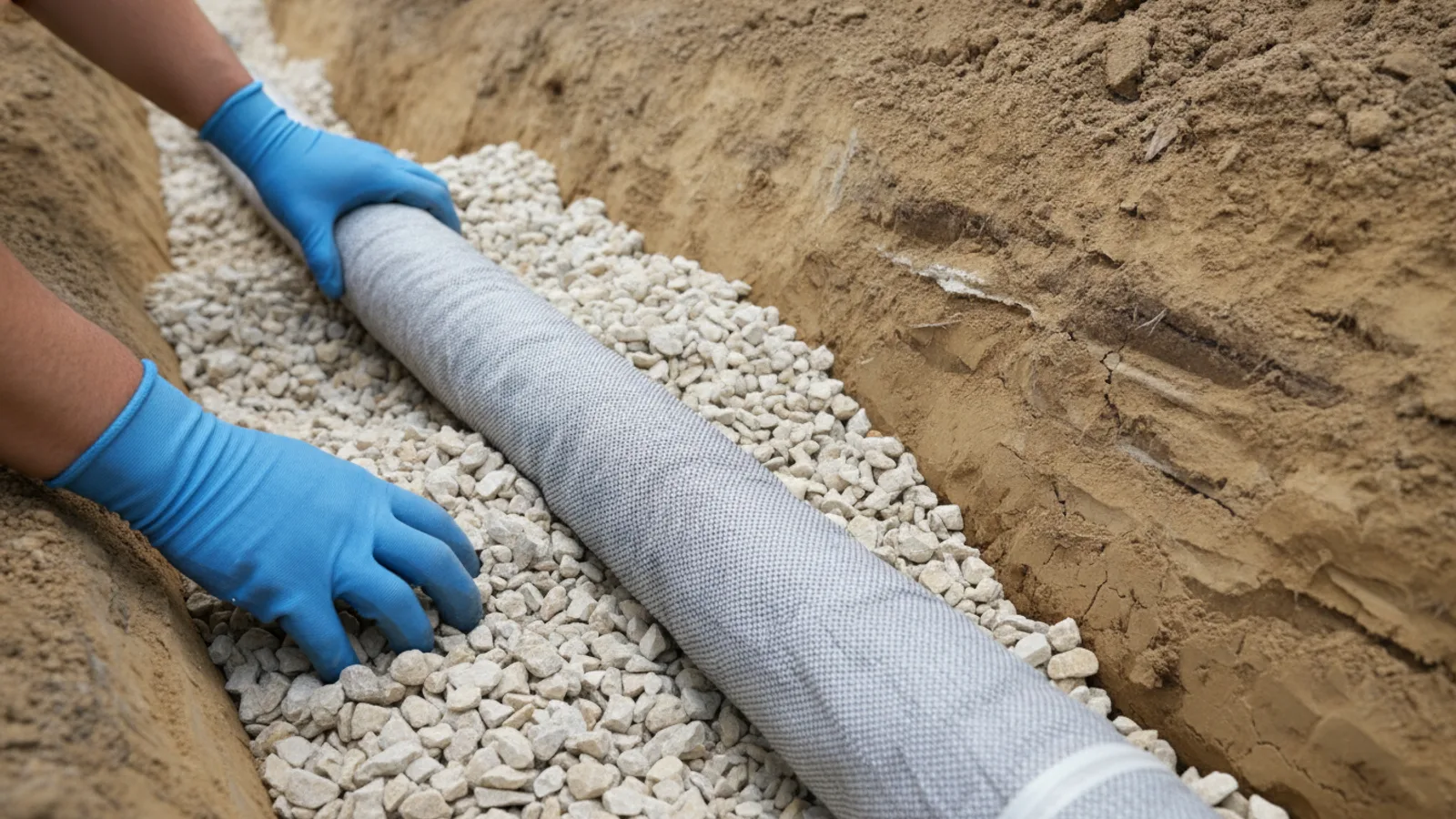 Close-up of perforated pipe wrapped in filter fabric being bedded in washed gravel in a trench.
