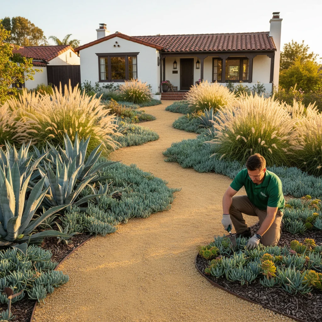 Drought-tolerant San Diego front yard with agave, ornamental grasses, and a decomposed granite path in golden light.