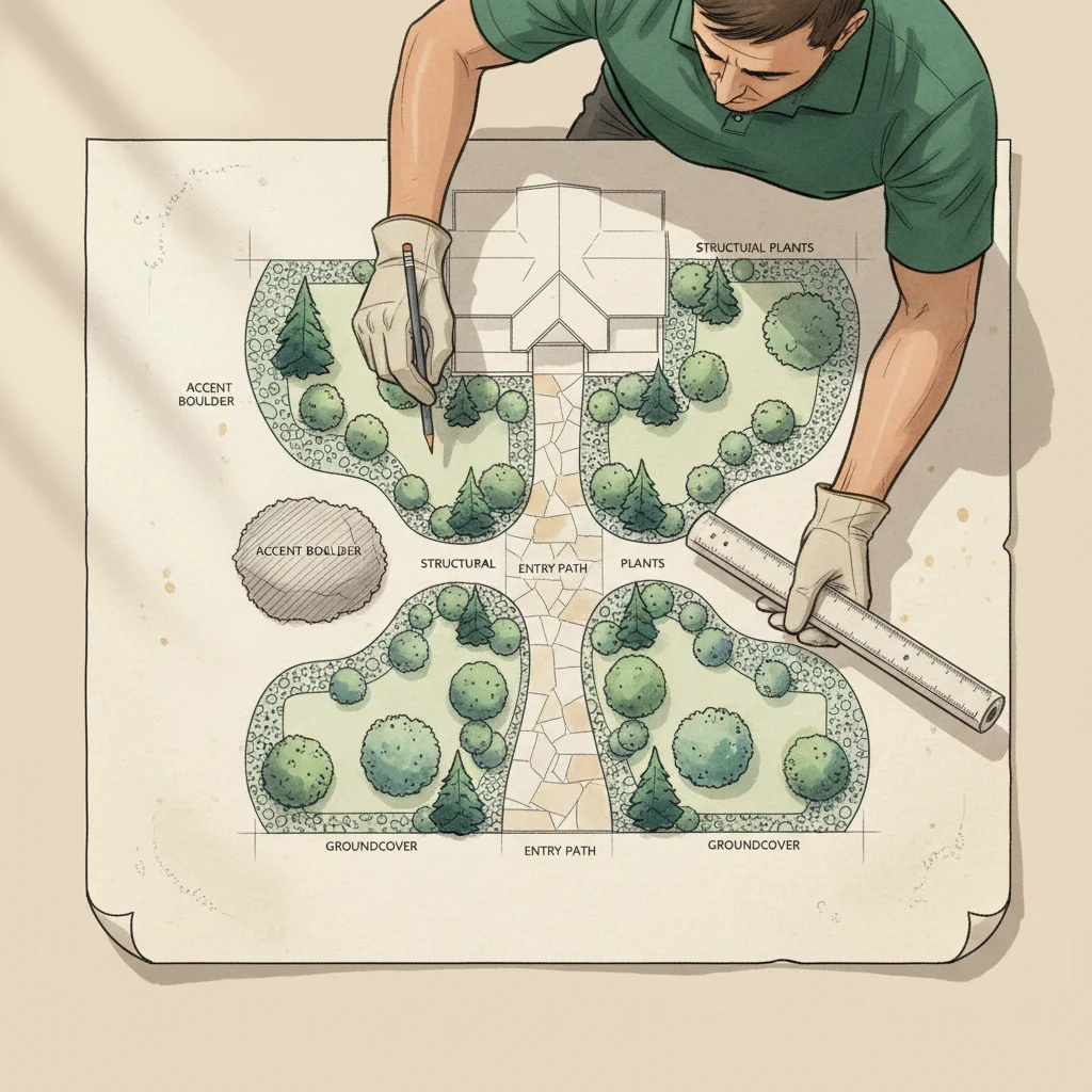 A top-down landscape design plan showing plant placement, pathways, and hardscape zones for a front yard.