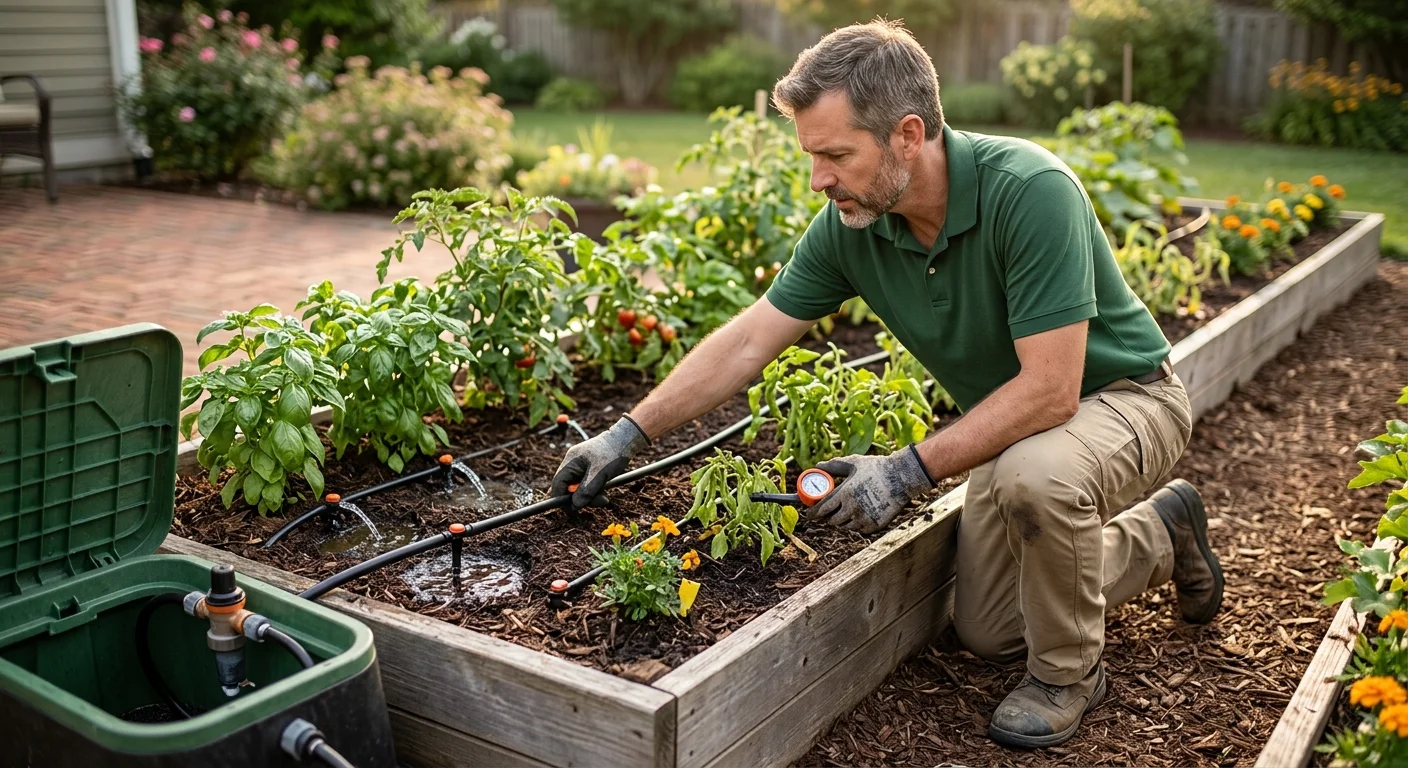 Garden drip line with uneven flow between nearby and distant plants