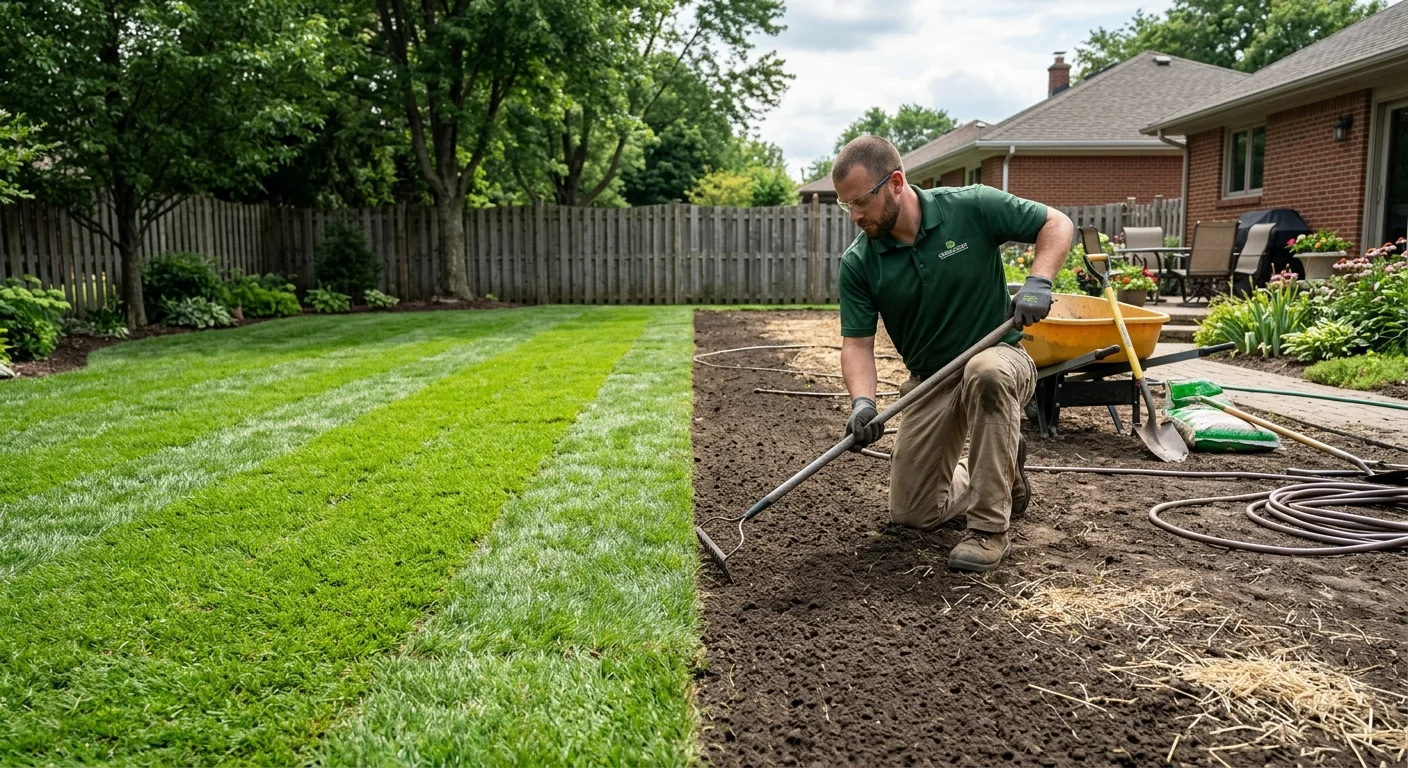 A San Diego yard divided between fresh sod and prepared seed soil
