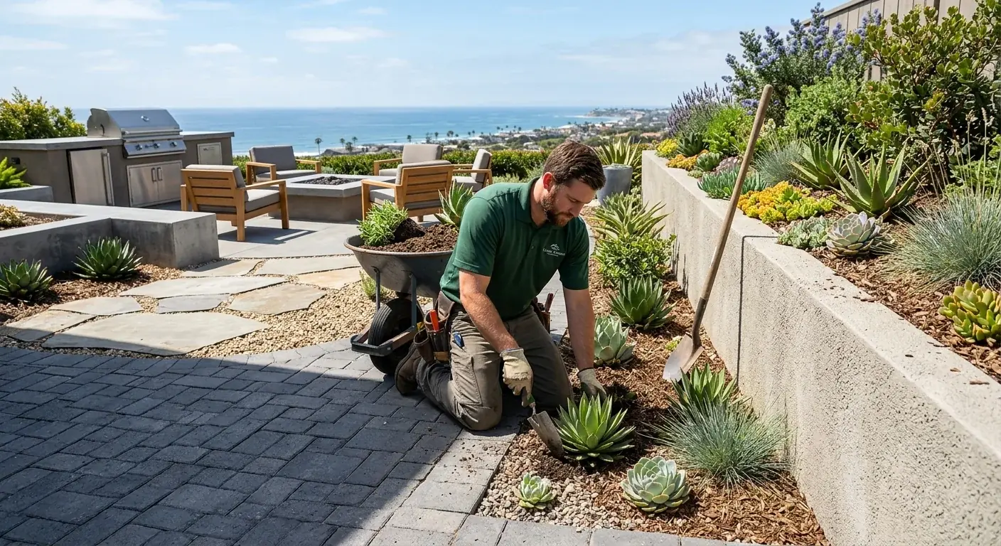 A beautiful modern hardscaped backyard in Carlsbad, featuring a paver patio, a small retaining wall, and drought-tolerant plants, with a coastal feel.