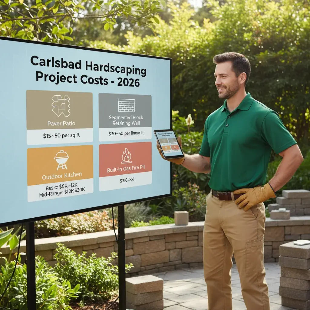 Infographic detailing average hardscaping costs in Carlsbad, including ranges for paver patios, retaining walls, outdoor kitchens, and fire pits.