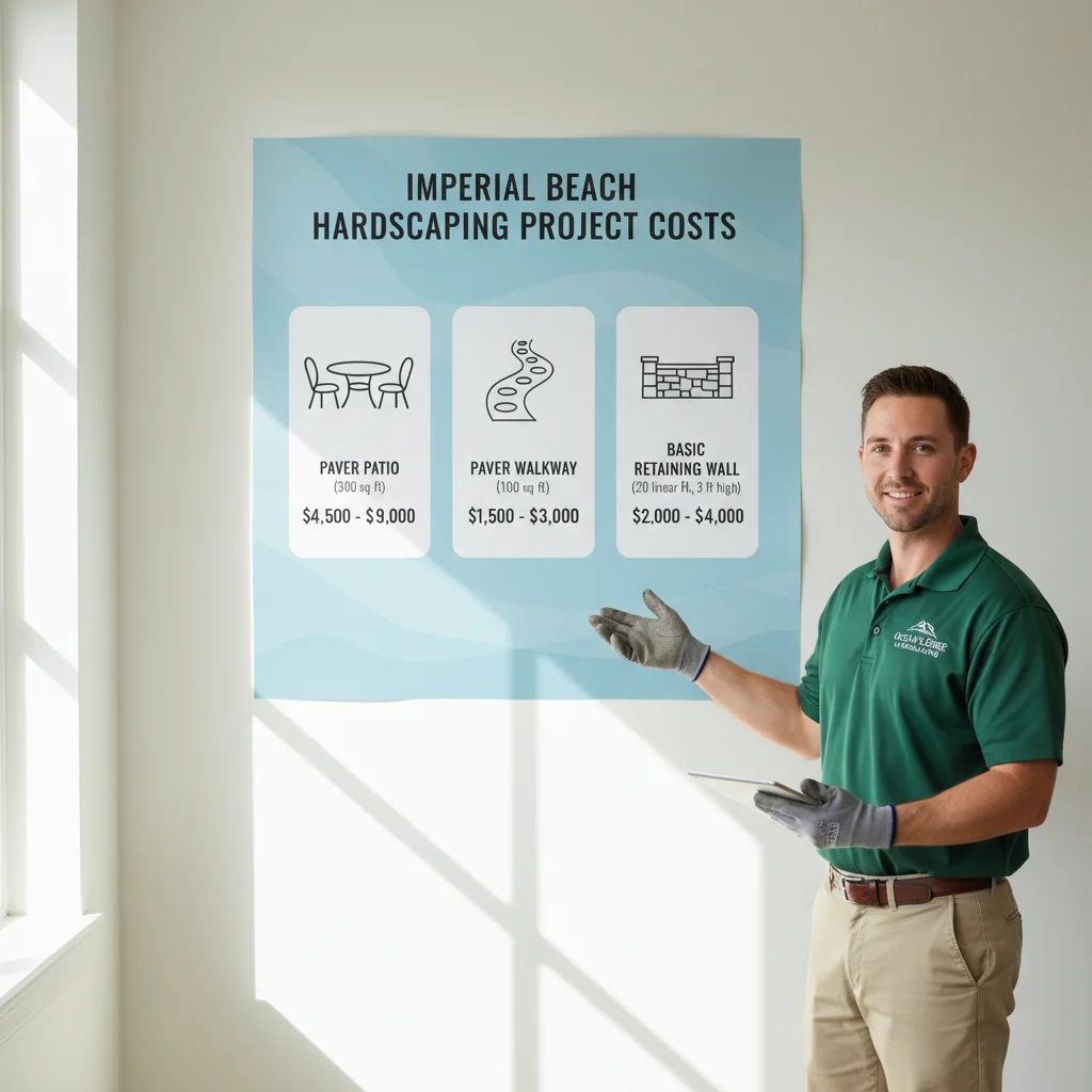 Infographic showing cost ranges for various hardscaping projects in Imperial Beach, including paver patios, walkways, and retaining walls.