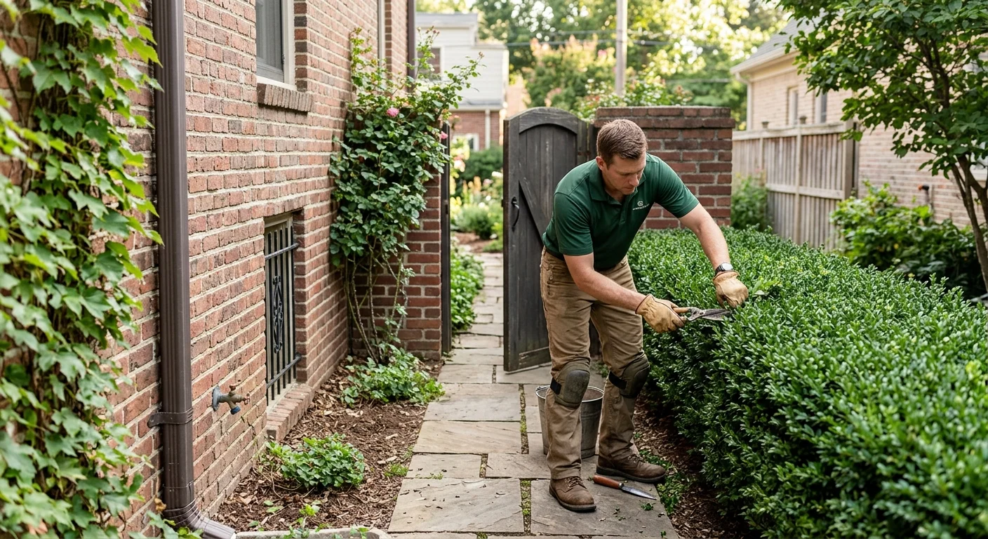 A restrained hedge beside a path and gate in a narrow side yard
