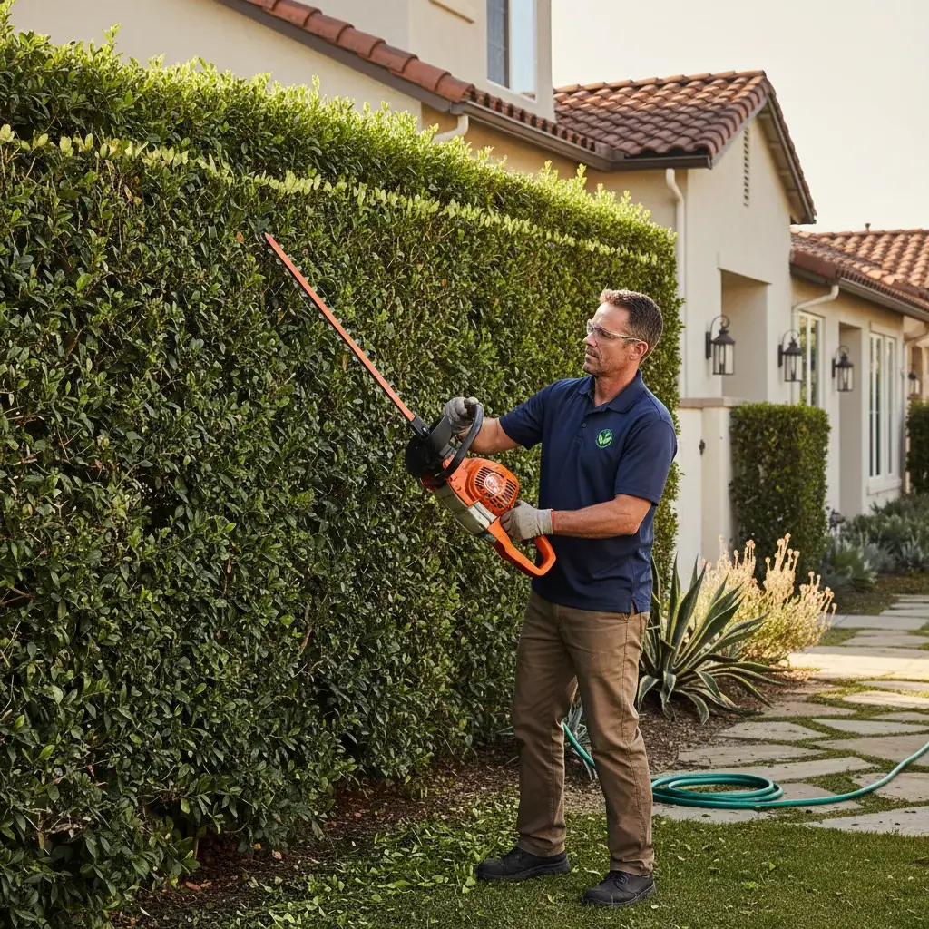 Professional landscaper using gas hedge trimmer on a tall ficus hedge in a San Diego residential front yard, clean even cut visible, late morning light, safety glasses on.