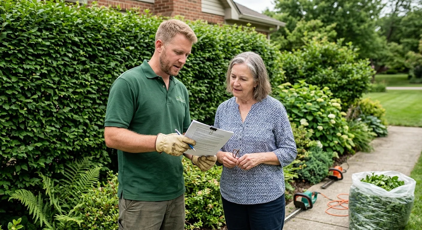 Homeowner and contractor reviewing a written hedge trimming scope